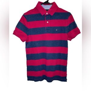 Tommy Hilfiger Mens Polo Size Small-Red and Navy Stripes Collar Great Condition